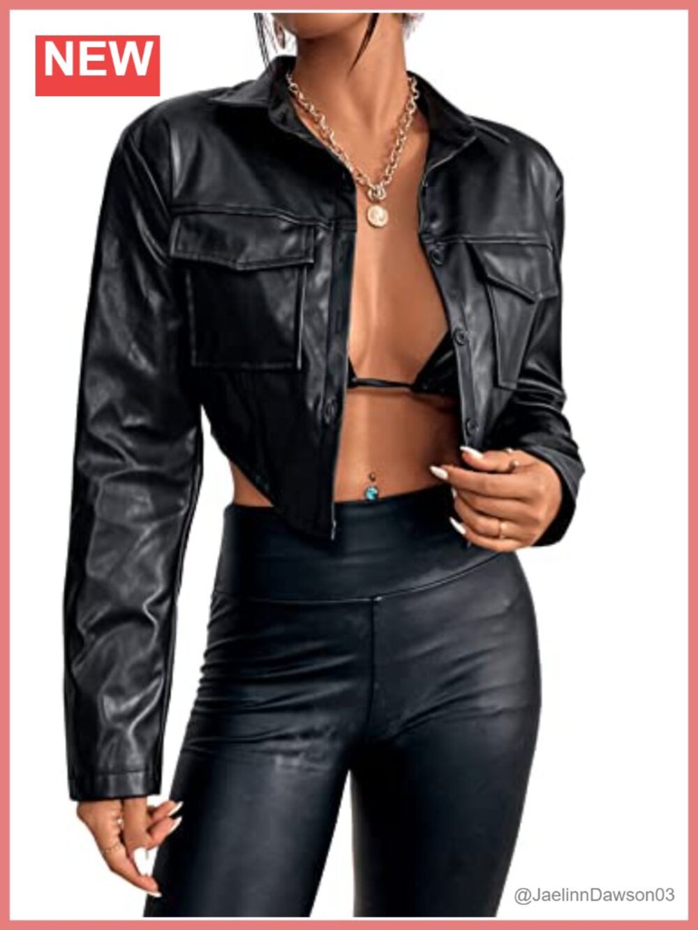 PU Leather Cropped Button Front Jacket Bust Pocket Asymmetrical Hem